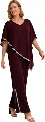 2 Piece Chiffon Flowy Mother of The Bride Pant Suits V Neck Cape Overlay Wedding Guest Women Dressy Outfit WT039 in Kuwait