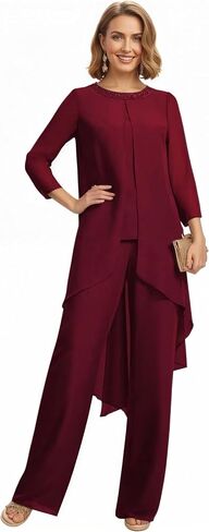 2 Piece Chiffon Mother of The Bride Pant Suits for Women Dressy Sequin Formal Wedding Guest Pantsuit WT036 in Kuwait