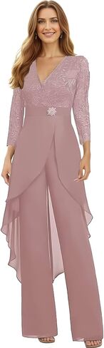 Chiffon Lace Mother of The Bride Jumpsuit for Women V Neck Long Sleeve Formal Wedding Outfit WT029 in Saudi Arabia