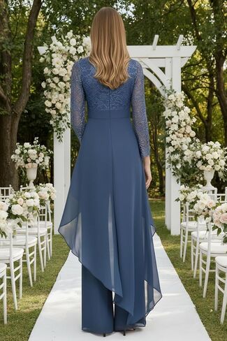 Chiffon Lace Mother of The Bride Jumpsuit for Women V Neck Long Sleeve Formal Wedding Outfit WT029 in Saudi Arabia