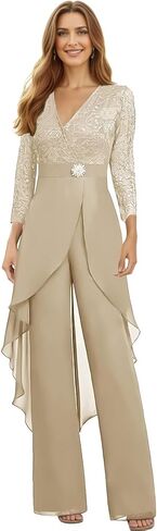 Chiffon Lace Mother of The Bride Jumpsuit for Women V Neck Long Sleeve Formal Wedding Outfit WT029 in Saudi Arabia