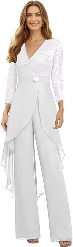 Chiffon Lace Mother of The Bride Jumpsuit for Women V Neck Long Sleeve Formal Wedding Outfit WT029 in Saudi Arabia