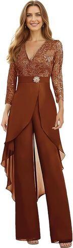 Chiffon Lace Mother of The Bride Jumpsuit for Women V Neck Long Sleeve Formal Wedding Outfit WT029 in Saudi Arabia