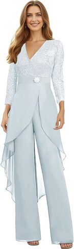 Chiffon Lace Mother of The Bride Jumpsuit for Women V Neck Long Sleeve Formal Wedding Outfit WT029 in Saudi Arabia
