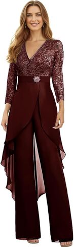 Chiffon Lace Mother of The Bride Jumpsuit for Women V Neck Long Sleeve Formal Wedding Outfit WT029 in Saudi Arabia
