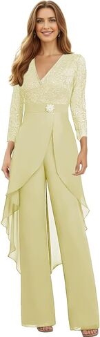 Chiffon Lace Mother of The Bride Jumpsuit for Women V Neck Long Sleeve Formal Wedding Outfit WT029 in Saudi Arabia