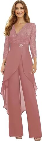 Chiffon Lace Mother of The Bride Jumpsuit for Women V Neck Long Sleeve Formal Wedding Outfit WT029 in Saudi Arabia