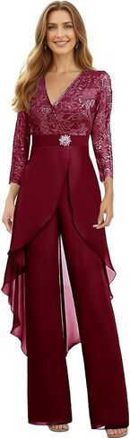 Chiffon Lace Mother of The Bride Jumpsuit for Women V Neck Long Sleeve Formal Wedding Outfit WT029 in Saudi Arabia