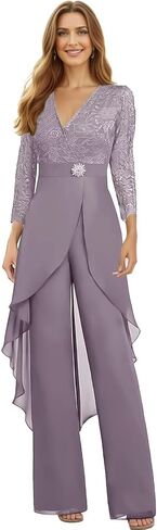 Chiffon Lace Mother of The Bride Jumpsuit for Women V Neck Long Sleeve Formal Wedding Outfit WT029 in Saudi Arabia