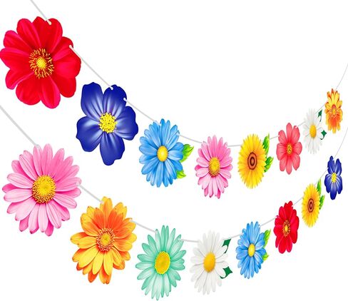 2pcs Colorful Summer Daisy Flower Banners Garland Floral Buntings, Spring Flower Hanging Decor for Birthday Baby Shower Wedding Summer Garden Pool Party Supplies in Kuwait