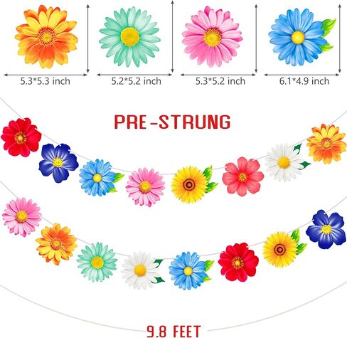 2pcs Colorful Summer Daisy Flower Banners Garland Floral Buntings, Spring Flower Hanging Decor for Birthday Baby Shower Wedding Summer Garden Pool Party Supplies in Kuwait