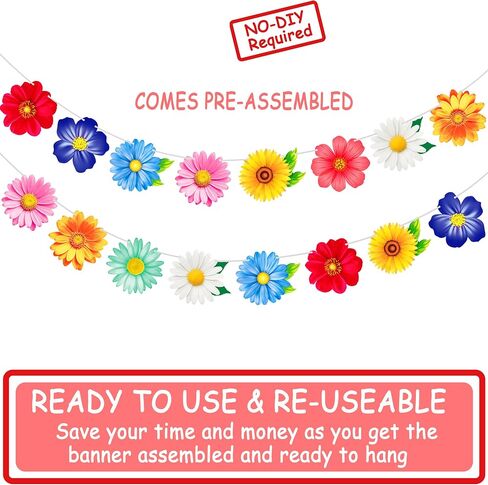 2pcs Colorful Summer Daisy Flower Banners Garland Floral Buntings, Spring Flower Hanging Decor for Birthday Baby Shower Wedding Summer Garden Pool Party Supplies in Kuwait
