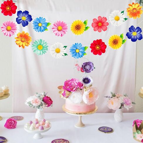 2pcs Colorful Summer Daisy Flower Banners Garland Floral Buntings, Spring Flower Hanging Decor for Birthday Baby Shower Wedding Summer Garden Pool Party Supplies in Kuwait
