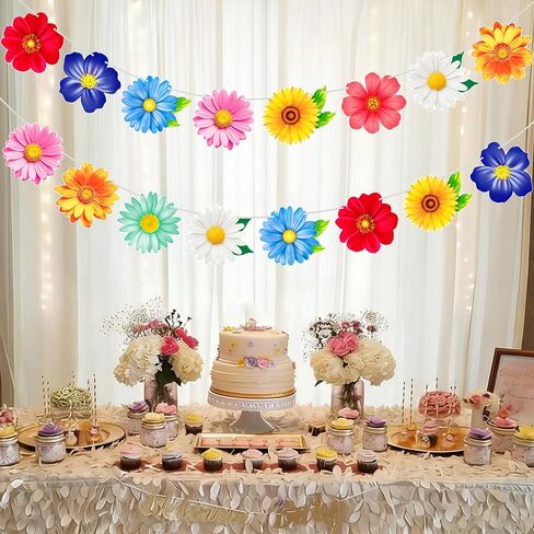 2pcs Colorful Summer Daisy Flower Banners Garland Floral Buntings, Spring Flower Hanging Decor for Birthday Baby Shower Wedding Summer Garden Pool Party Supplies in Kuwait