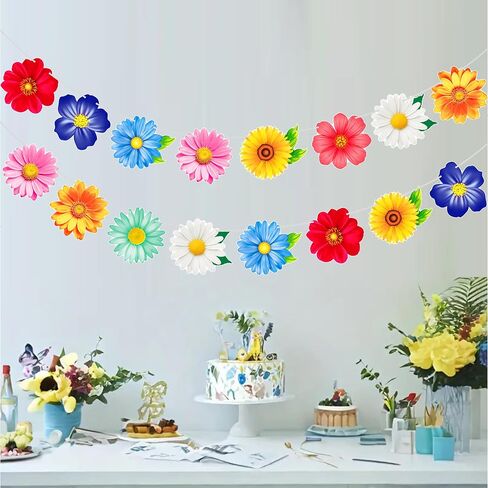 2pcs Colorful Summer Daisy Flower Banners Garland Floral Buntings, Spring Flower Hanging Decor for Birthday Baby Shower Wedding Summer Garden Pool Party Supplies in Kuwait