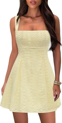 Women's Square Neck Mini Dress Sexy Backless Bow Tie Sleeveless Flare A-Line Cute Graduation Short Party Dresses in Saudi Arabia