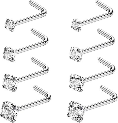 8Pcs GOLD Nose Studs Hypoallergenic Stainless Steel Corkscrew L Shaped Nose Piercing Nose Rings for Women Men 20G Body Piercing Screws Studs Cartilage Helix Tragus Earring Hoops Labret Lip Piercing Jewelry in Kuwait