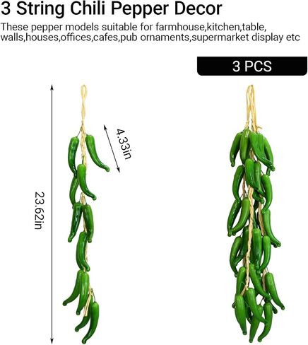 3 String Artificial Pepper Fake Vegetables Chili Pepper Decor Simulation Lifelike Hot Chili Vegetable Fruit Garland Artificial Food for Kitchen Wall Party Photography Props Decoration(Green) in Saudi Arabia