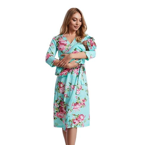 Galabloomer Flower Maternity Robe and Baby Receiving Blanket, Matching Mommy Labor Delivery Robe and Swaddle Set (US, Alpha, X-Large, Regular, Regular, aqua) in Kuwait