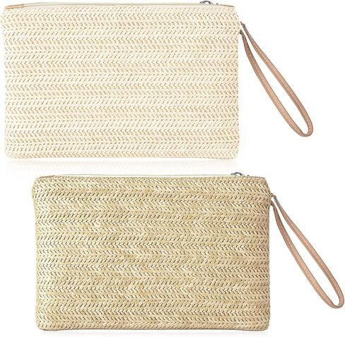2Pcs Straw Clutch Purses for Women, Summer Beach Woven Straw Handbags Bohemian Clutch Wallet with Handle for Dating Traveling Everyday Shopping in Saudi Arabia