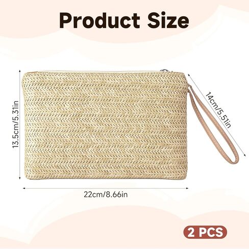 2Pcs Straw Clutch Purses for Women, Summer Beach Woven Straw Handbags Bohemian Clutch Wallet with Handle for Dating Traveling Everyday Shopping in Saudi Arabia