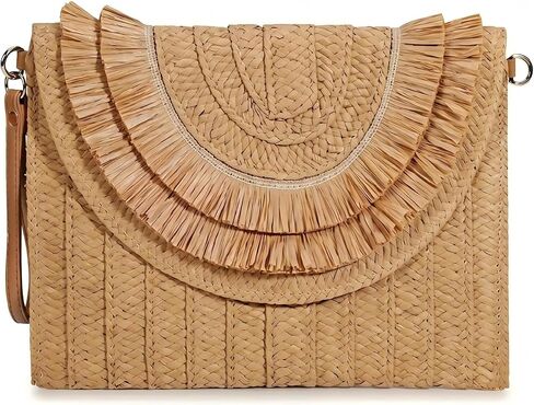 Woven Clutch, Paper Rope Straw Beach Crossbody, 3in1 Tassel Envelope Boho Summer Shoulder Purse in Kuwait
