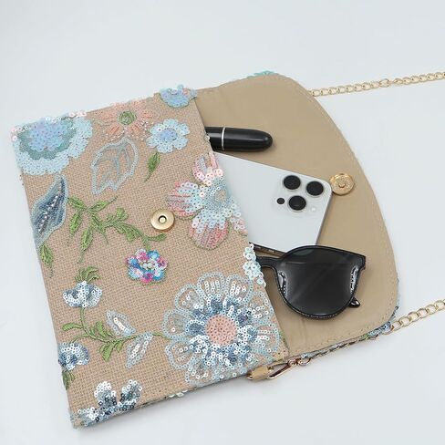 Envelope Package, Clutch Purses for Women, Sequin Embroidered Flowers Straw Bag, Bohemian Handmade Handbags(Style 1) in Kuwait