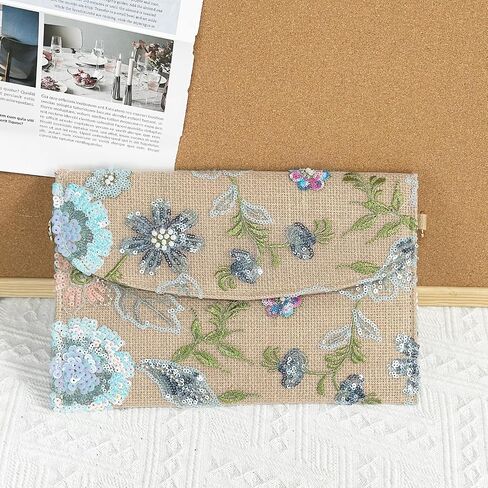 Envelope Package, Clutch Purses for Women, Sequin Embroidered Flowers Straw Bag, Bohemian Handmade Handbags(Style 1) in Kuwait