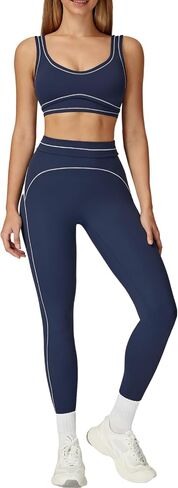 Women's 2 Piece Workout Sets Sports Bra High Waist Leggings Gym Yoga Outfits Contrast Trim Activewear in Saudi Arabia