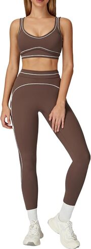 Women's 2 Piece Workout Sets Sports Bra High Waist Leggings Gym Yoga Outfits Contrast Trim Activewear in Saudi Arabia