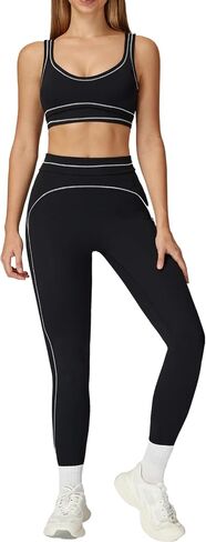 Women's 2 Piece Workout Sets Sports Bra High Waist Leggings Gym Yoga Outfits Contrast Trim Activewear in Saudi Arabia