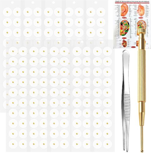 Ear Seeds Acupuncture Kit - 200 Pieces Gold Acupressure Ear Seeding Stickers, with Auricular Acupuncture Chart, Tweezer and Brass Acupressure Probe, for Balance & Calmer in Saudi Arabia