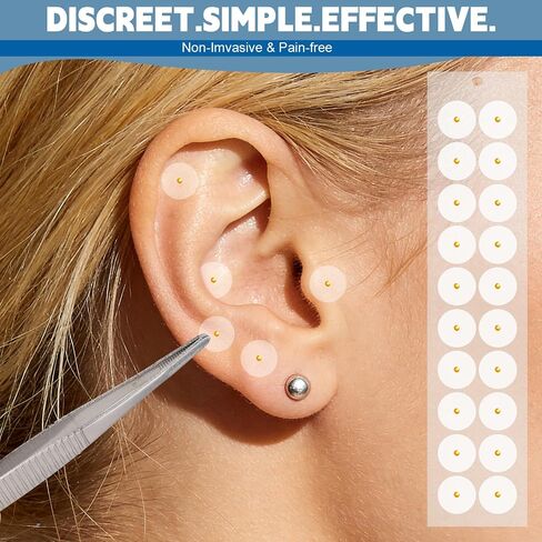 Ear Seeds Acupuncture Kit - 200 Pieces Gold Acupressure Ear Seeding Stickers, with Auricular Acupuncture Chart, Tweezer and Brass Acupressure Probe, for Balance & Calmer in Saudi Arabia