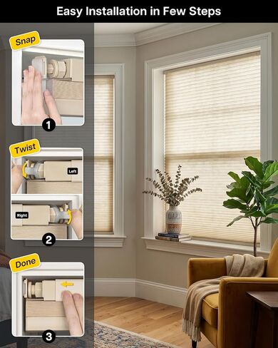 LazBlinds لا توجد ظلال خلوية للتعتيم، لا توجد أدوات، ستائر لاسلكية على شكل قرص العسل معزولة حراريًا، ستائر نوافذ تقلل الضوضاء للمنزل، سهلة التركيب، 22 بوصة عرض × 48 بوصة ارتفاع، بيج in Kuwait