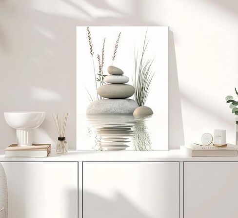 KBIERQN Zen Stone Canvas Wall Art Stacked Stones in Water Poster Print Tranquil Wild Grass Painting Picture for Spa Yoga Meditation Room Bathroom Wall Decor 12x16in Framed Ready to Hang in Saudi Arabia