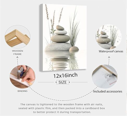 KBIERQN Zen Stone Canvas Wall Art Stacked Stones in Water Poster Print Tranquil Wild Grass Painting Picture for Spa Yoga Meditation Room Bathroom Wall Decor 12x16in Framed Ready to Hang in Saudi Arabia