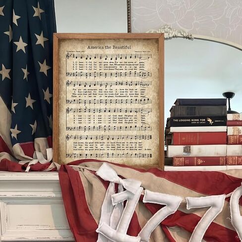 Glenmal 4th of July Wall Art America the Beautiful Vintage Sheet Music Wall Decor 13.8 x 11 inch Vintage Patriotic Decoration for 250th Anniversary Independence Day, 4th of July, Memorial Day in Kuwait