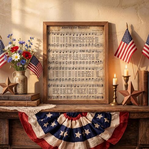 Glenmal 4th of July Wall Art America the Beautiful Vintage Sheet Music Wall Decor 13.8 x 11 inch Vintage Patriotic Decoration for 250th Anniversary Independence Day, 4th of July, Memorial Day in Kuwait