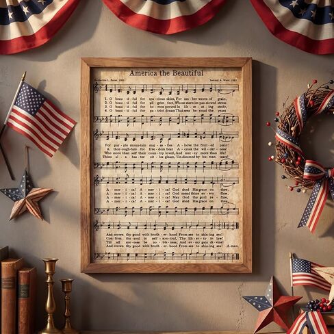 Glenmal 4th of July Wall Art America the Beautiful Vintage Sheet Music Wall Decor 13.8 x 11 inch Vintage Patriotic Decoration for 250th Anniversary Independence Day, 4th of July, Memorial Day in Kuwait