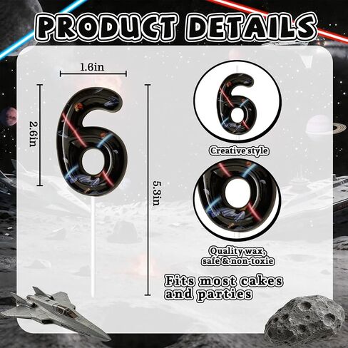 Space Birthday Candles, Space Themed Birthday Party Decorations, Birthday Number Candles for Cake Topper and Party Supplies, Options for Numbers 0–100 Available (Black, Number 6) in Kuwait