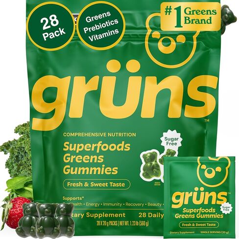 Gruns Adult Sugar-Free Super Greens Multivitamin Gummies, Superfood Gummy Vitamins for Women and Men with Spirulina, Chlorella, Adaptogens & Prebiotic Fiber for Digestive Health (28 Count) in Kuwait