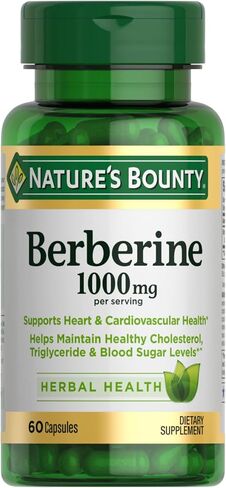 Nature’s Bounty Berberine 1000mg Capsules, Supports Heart Health, Cholesterol & Blood Sugar Levels in a Normal Range, Non-GMO Supplement, 60 Count in Kuwait