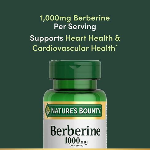 Nature’s Bounty Berberine 1000mg Capsules, Supports Heart Health, Cholesterol & Blood Sugar Levels in a Normal Range, Non-GMO Supplement, 60 Count in Kuwait