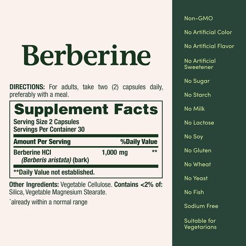 Nature’s Bounty Berberine 1000mg Capsules, Supports Heart Health, Cholesterol & Blood Sugar Levels in a Normal Range, Non-GMO Supplement, 60 Count in Kuwait