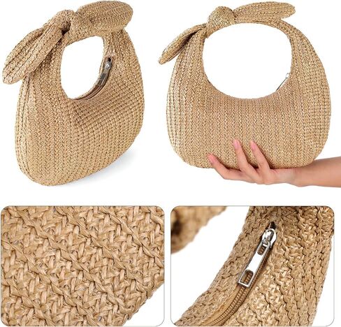 SEWACC Woven Handle Bag for Women, Straw Inspired Polyester Tote Bag with Bow, Summer Clutch Purse Handbag in Kuwait