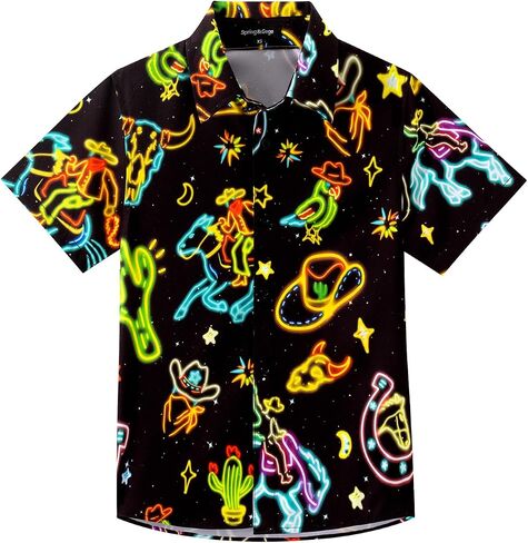Spring&Gege Boys Funny Hawaiian Shirt Short Sleeve Kids Printed Button Down Aloha Shirt for Holiday Casual Tops (4-10 Years) in Kuwait