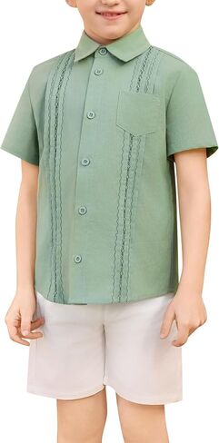 قميص Guayabera للأولاد - قمصان بأكمام قصيرة مطرزة بأزرار سفلية مكسيكية كوبية لمعمودية زفاف سينكو دي مايو in Kuwait