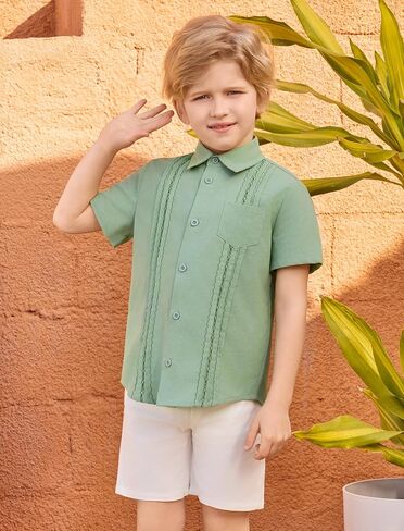 قميص Guayabera للأولاد - قمصان بأكمام قصيرة مطرزة بأزرار سفلية مكسيكية كوبية لمعمودية زفاف سينكو دي مايو in Kuwait