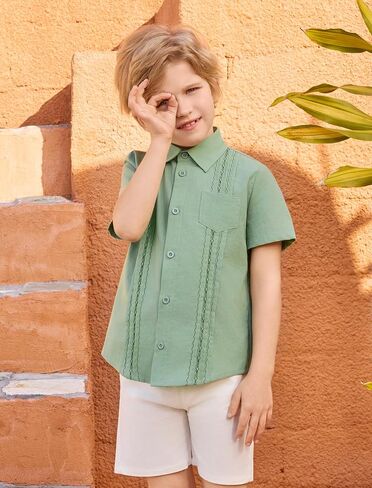 قميص Guayabera للأولاد - قمصان بأكمام قصيرة مطرزة بأزرار سفلية مكسيكية كوبية لمعمودية زفاف سينكو دي مايو in Kuwait