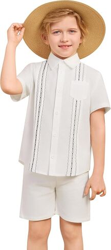 قميص Guayabera للأولاد - قمصان بأكمام قصيرة مطرزة بأزرار سفلية مكسيكية كوبية لمعمودية زفاف سينكو دي مايو in Kuwait